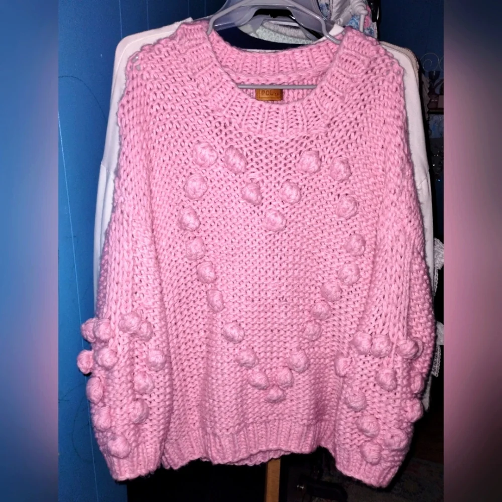 POL Pink Pom Heart Oversized Crochet Sweater NWOT - Picture 2 of 4